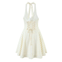 Sexy Backless Halter Mini Plaid Dress Women Deep V Lacing Up Bandage Back A-line Holiday Summer Dresses Short Robe