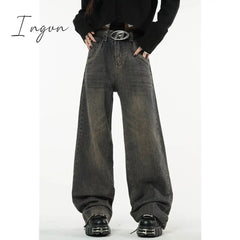 Ingvn - Winter Vintage Dark Blue High Waist Women Jeans American Fashion Streetwear Wide Leg Denim Trouser Straight Baggy Denim Pants