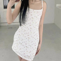 Sweet Girls Floral Print Sexy Spaghetti Straps Dress Women O Neck Bodycon Summer Mini Dreses Holiday Robe
