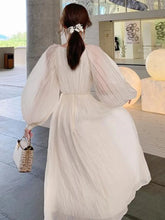 Vintage Elegant V-neck Pleated White Dresses for Women Summer Boho High Quality Party Femme Lantern Sleeve Fairy Princess Dress