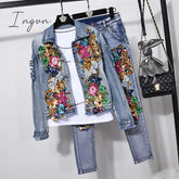 Ingvn - European Style Denim Suit Fashion Outfit Women New Flower Sequined Denim Jacket Short Jacket & Jeans Pants Two-Piece Set Female