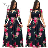 Ingvn - S- 5XL Plus Size Elegant Oversized Tunic Women Dress Bohmia Flower Print Maxi Dresses Fashion Hollow Out Long Vestidos