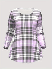 Women's Casual Outfits Set, Plus Size Plaid Print Long Sleeve Round Neck Top & Flared Leg Pants Outfits 2 Piece Set
