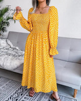 Ingvn - Fashion New Print Square Collar Chiffon Dress Women Elegant Pleated Loose Dress Women Puff Sleeve Party Dresses for Women Robes 18123