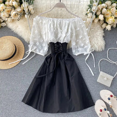 Ingvn - New Fashion Sexy Off Shoulder patchwork Summer Short Dress Party flower chiffon Slim waist lace up Women casual A-Line beach dress