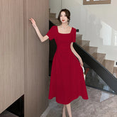 Summer New Elegant Party White Midi Dresses for Women Korean Square Collar Puff Sleeve Slim Holiday Casual Female Clothing
