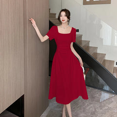 Summer New Elegant Party White Midi Dresses for Women Korean Square Collar Puff Sleeve Slim Holiday Casual Female Clothing