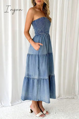 Gradual Change Pocket Slit Strapless Sleeveless Denim Dresses