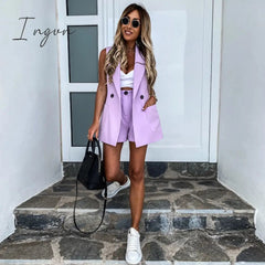 Ingvn - Women Sleeveless plaid button up elastic waist Blazer Top and pocket short Set Elegant Office Ladies Suits Women Workwear