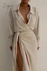 Ingvn - Sexy Solid High Opening Fold Turndown Collar Long Sleeve Two Pieces