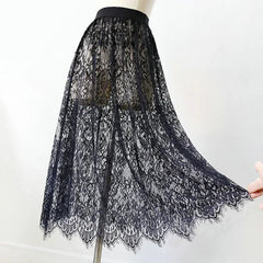 2 Length Elegant Black Skirt White Lace Transparent Long Tulle Skirt Ladies Elastic High Waist Beach Midi Skirt
