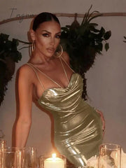 Ingvn - Women Sexy Spaghetti Strap Gold Midi Dress Fashion Wrap Chest Slim Backless Dresses 2023 Summer Party Club Bodycon Vestidos
