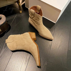 Ingvn - Winter Classic Chelsea Boots for Woman Cow Suede Pointy toe Wedge Heel Ankle Boots Simple Comfortable Cowboy Boots Female