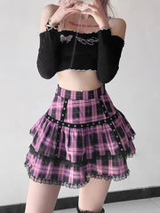 Mall Goth Gothic Lace Ruffle Mini Skirts Womens Harajuku Fairy Grunge Pink Plaid Pleated Skirt Japanese Lolita Streetwear