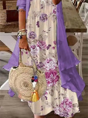 Ingvn - Women's Two Piece Dress Set Print Dress Daily Vacation Casual Print Maxi Dress V Neck 3/4 Length Sleeve Floral Loose Fit White Purple Green Summer Spring S M L XL XXL