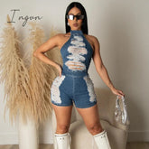 Ingvn - 2023 New Denim Jumpsuit Women Sexy Halter Hollow Out Tassel Distressed Skinny Shorts Romper Casual Streetwear Y2K One Pieces