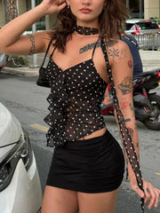 Ingvn Summer Bandage Halter Neck Ruffles Camisoles Black Streetwear Woman Clothing Corset Dot Printed Backless Lace-up Crop Tops
