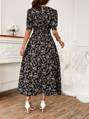 Blossoming floral print dress - Romantic Puff Sleeves & Shirred Bodice - Perfect for Spring/Summer - Flattering Crew Neck - Stylish Womens Casual Wear