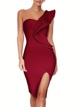 One Shoulder Ruffle Dress Side Split Bodycon Bandage Dress Wedding Guest Dress