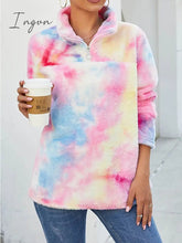 Ingvn - Women's Sweatshirt Pullover Fuzzy Teddy Yellow Pink Tie Dye Casual V Neck Long Sleeve Fleece Top Micro-elastic Fall & Winter