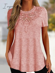 Ingvn - Women's T shirt Tee Blouse Black Pink Red Plain Lace Short Sleeve Casual Basic Round Neck Regular