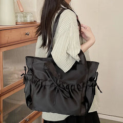 Ingvn Elegant Bow Womens Shoulder Bag Nylon Pleated Korean Style Fashion Tote Bag Large Capacity Cute Pink Sweet Female Handbag