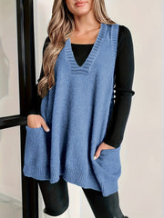 Plus Size Solid Knit Sweater Vest, Casual V Neck Sleeveless Sweater For Fall & Winter, Women's Plus Size Clothing