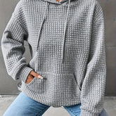 Waffle Grid Kangaroo Pocket Hoodie, Casual Long Sleeve Drawstring Hoodies Sweatshirt, Women's Clothing