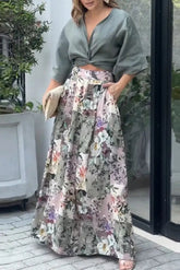 Ingvn - Casual Print Fold V Neck Half Sleeve Two Pieces