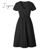 Ingvn - Cotton Linen Women Summer Dress Casual V-neck Button Pocket Short Sleeve A-line Midi Dresses For Women Vestidos