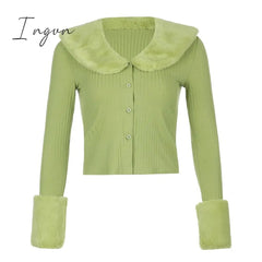 Ingvn - Artsu Ribbed Knitted Cardigans Sweaters With Fur Trim Collar Long Sleeve Slim Autumn Winter Jumpers Women Knitwear 42015