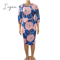 Ingvn - Women Bodycon Printed Dress Three Quarter Sleeves Midi Office Ladies Work Wear Elegant Classy Vestidos African Female Plus Size