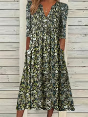 Vibrant Ditsy Floral V-Neck Dress - Comfy Ruched Design with Handy Pockets - Perfect for Summer Casual Outings, Women’s Fashion