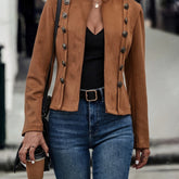Solid Double Breasted Decor Jacket, Vintage Long Sleeve Outwear For Spring & Fall, Women's Clothing