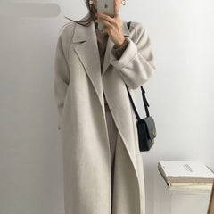 Autumn Winter Thicken Loose Wool & Blend Coats Women Elegant Lapel Full Sleeve Lace-up Oversized Female Outwear