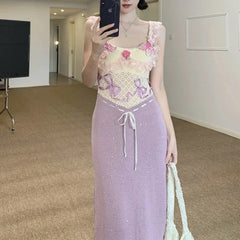 Heavy-Work Knitted Purple Strap Dress Women's French Vintage Design Sensation Beauty Flower Banquet Empire Waist Gown