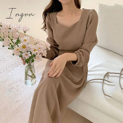 Ingvn - Spring Outfits Chic Korean Fashion Women Temperament Office Lady Elegant Work Basic Wear Solid Vintage Long Dress Fenimine Vestidos N502