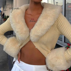 Ingvn - Artsu Ribbed Knitted Cardigans Sweaters With Fur Trim Collar Long Sleeve Slim Autumn Winter Jumpers Women Knitwear 42015