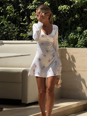 Ingvn Fall Vintage Floral Print Short Dress Streetwear Office Lady V-neck Long Sleeve Tunics A-line Satin White Holiday Dresses