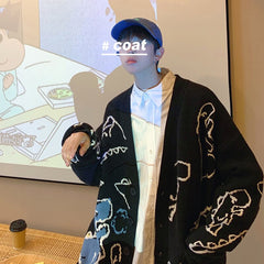Oversized Cardigan Knitted Sweater Streetwear Loose Male Top Coat Hip Hop Sweater Cartoon Pattern Pullovers