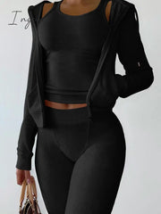 Ingvn - Double Face Fleece Three Piece Set Woman Long Sleeve Vest Hooded Drawstring Sweatpants Winter Sports Jogger Outfits