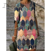 Ingvn - Half Sleeved V Neck Printed Loose Dress Women's Fashion Casual Vintage Spring Autumn All-match Plus Size Beach Dresses Vestidos