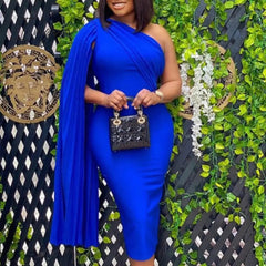 Ingvn - womens fashion Women Party Dress Blue Elegant Celebrity Sexy One Shoulder Ruched Ribbon Bodycon Plus Size Red Dinner Date Out Night Dresses XL