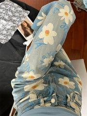 Ingvn Women's Daisy Printed High Waisted Jeans Summer Street Cool Girl Bottoms Wide Legs Irregular Pants Female Baggy Denim Trousers