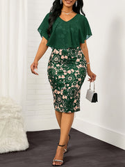 Vibrant Floral Pattern Bodycon Dress - High Elasticity, V-Neck, Contrast Mesh, Random Printed, Elegant Cape Sleeve, Polyester Knit Fabric, Spring/Summer Essential for Women - Elegant Dressing, Party, Dating, and Formal Occasi