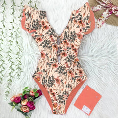 New Sexy Ruffle Print Floral One Piece Swimsuit Off The Shoulder Swimwear Women Solid Deep-V Beachwear Bathing Suit Monkini