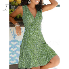 Ingvn - New Casual Polka Dot Dress Women V Neck Sleeveless Bandage Beach Dress Summer Bohemian Dresses For Women