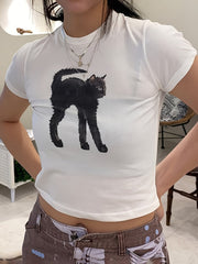 Cat Print Crew Neck T-shirt, Y2K Short Sleeve Crop Top, Women's Clothing