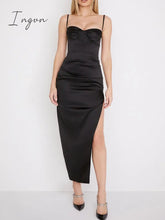 Ingvn - High Side Split Satin Dresses Women Spring Sexy Sleeveless Backless Party Outfit Solid Bodycon Black Evening Dress