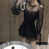 Ingvn - Black French Retro Top Women Summer Women Long Sleeve Mesh Shirt Sexy Slimming Blusas De Mujer Lace Sling Shorts Elegant Set